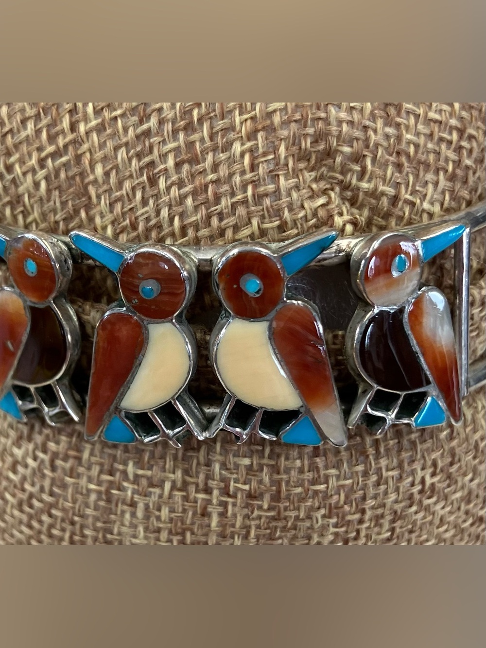 Vintage Navajo Sterling Silver Multi Stone Zuni Inlaid Cuff, 4 Bird